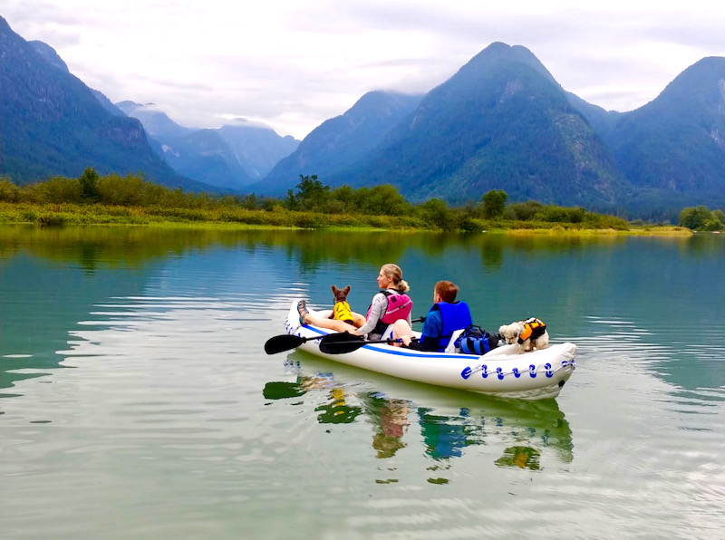 paddling the Sea Eagle Sport kayak with dogs