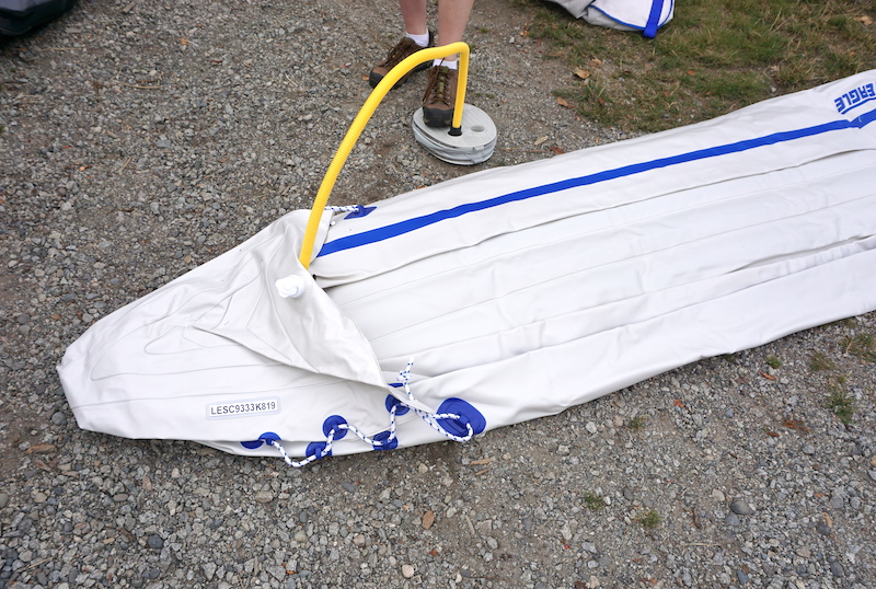 inflating the Sea Eagle Sport kayak with foot pump